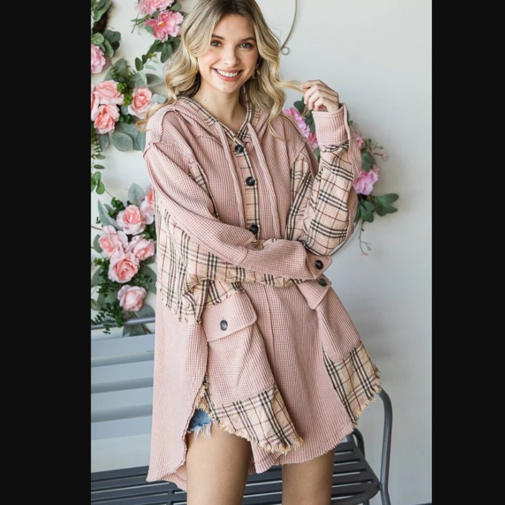315 OLI & HALI Pink Flannel Waffle Knit Hooded Pullover Long Top